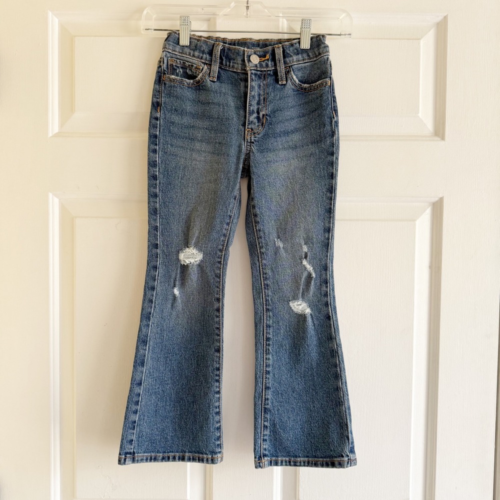 Old Navy Kids Girls Size 7 High Rise Flare Jeans Distressed Blue Denim